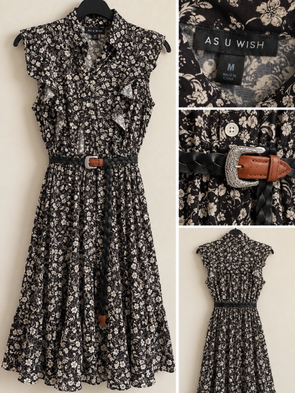 As U Wish Black Floral Ruffle Button Front Dress w/ Braided Belt Size M